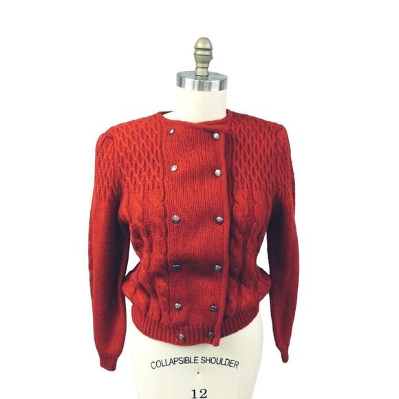 Robert Scott Sweater Double Breasted Red Pure Wool Cable Knit Size 38 1980s - Picture 1 of 7